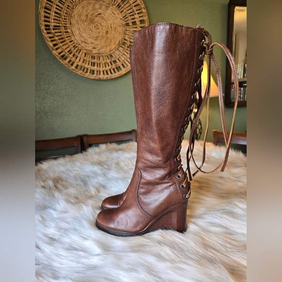 Apepazza Shoes - Apepazza Knee High Back Lace Leather Wedge Boots